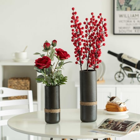 Uniquewise Decorative Modern Ceramic Cylinder Shape Table Vase Flower Holder with Rope, Black, PK 2 QI004362.2.BK